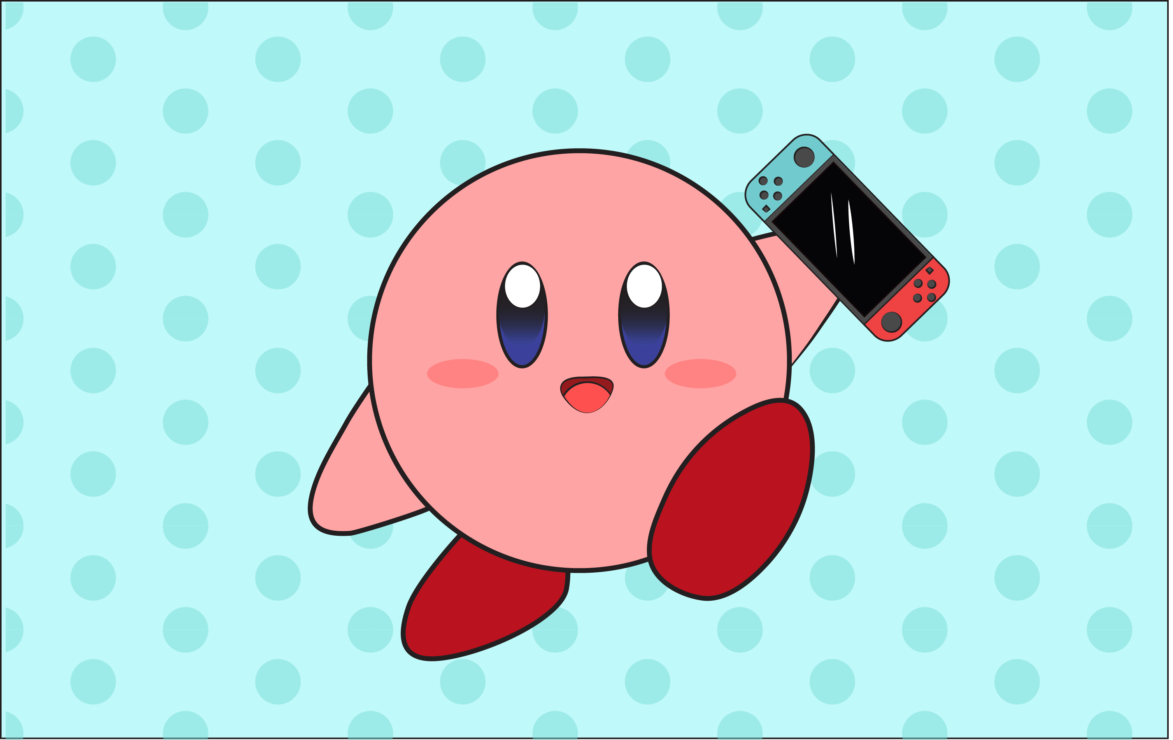 Vikes E-sports brings super smash bros, pictured is Kirby with a Nintendo Switch