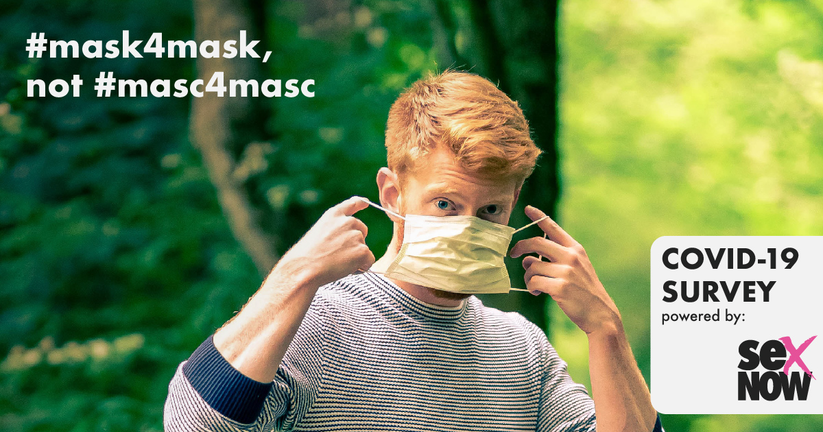 man with mask, promotion for GBTQ2+ men COVID-19 survey