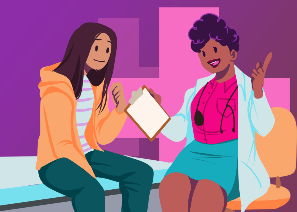 A doctor speaking to a patient, overdose crisis graphic. Graphic by Sie Douglas-Fish.