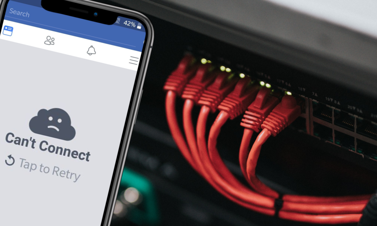 A phone showing Facebook failing to load and computer server cords. Graphic by Sie Douglas-Fish.