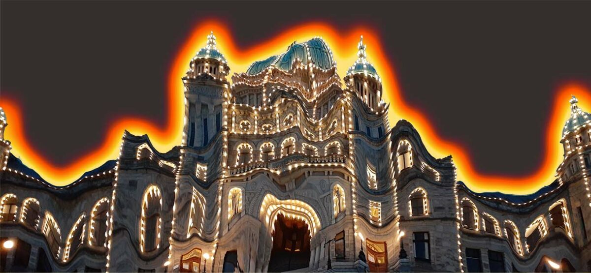 Graphic of melting legislature building in Victoria. Graphic by Sie Douglas-Fish.
