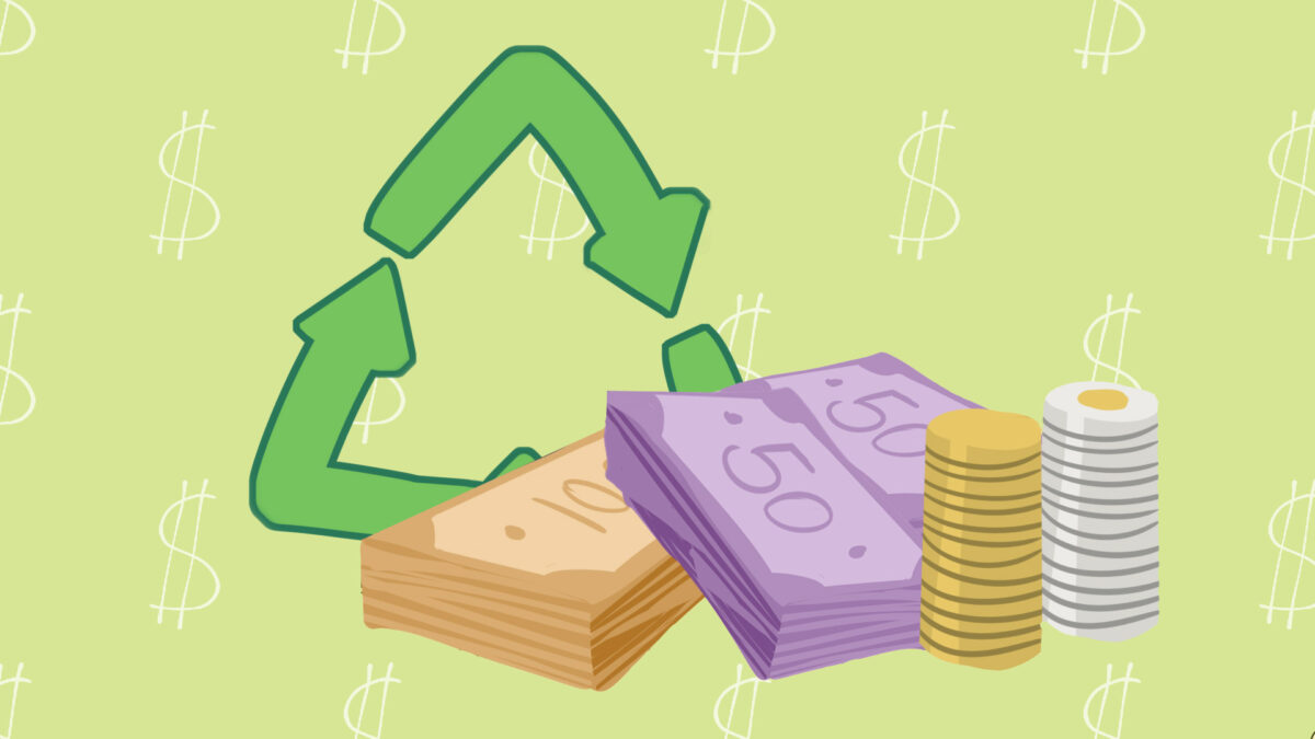 Graphic of a recycle symbol and stacks of money and coins. Graphic by Sie Douglas-Fish.