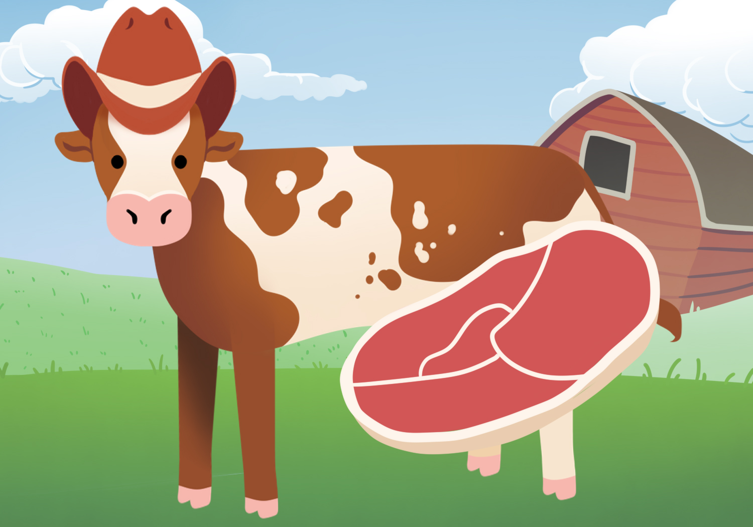 A beef cow in grassland with a cowboy hat and a steak, graphic by Sie Douglas-Fish.