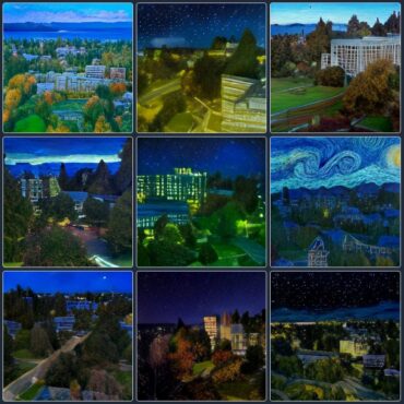 Computer-generated art from the sentence "University of Victoria from above in the style of Picasso's Starry Night" (DALL-E), provided by Jonas Buro.