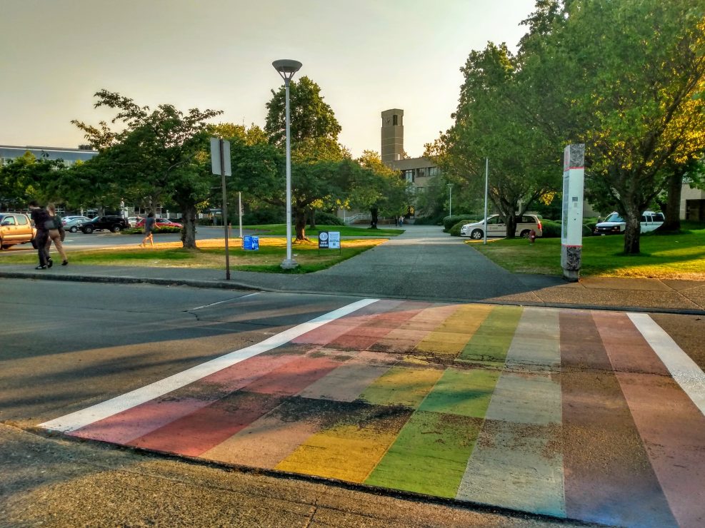 The Rainbow Crosswalk outside of Student Union Building at UVic. Photo by Sarah Roberts. 
