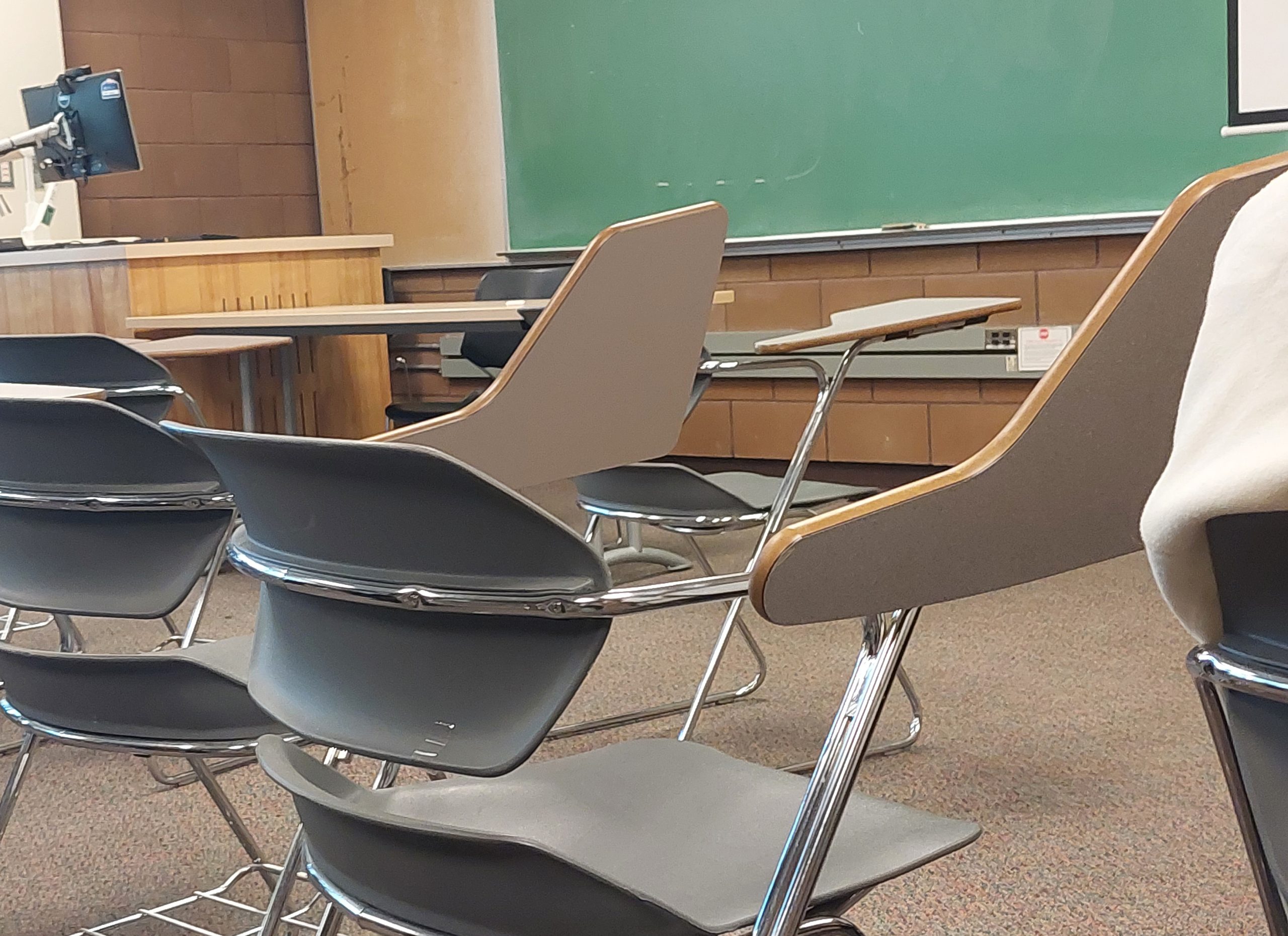 An empty classroom in the Clearihue building, photo by Sie Douglas-Fish.