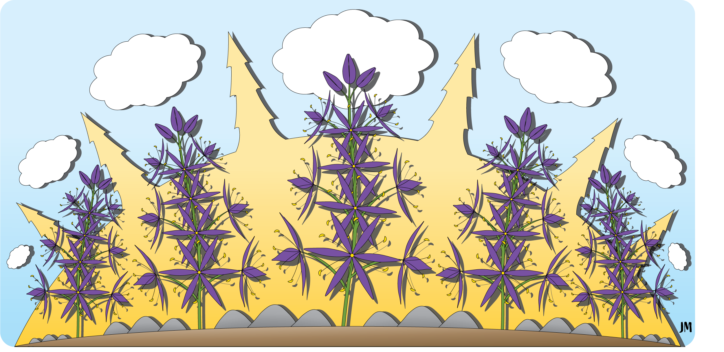 An illustration of a Kwetlal (camas) field by Jon Miller.