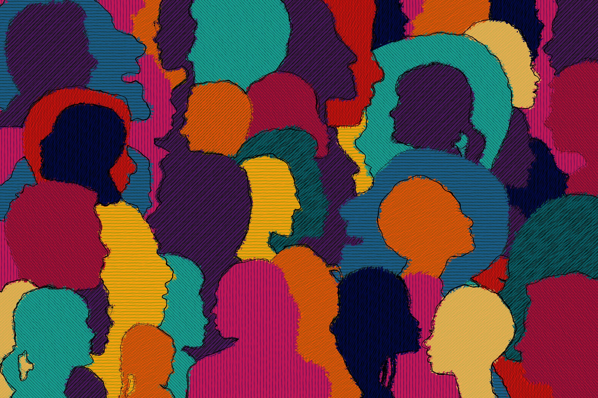 Illustration of various diverse heads of people in profile. Illustration by Gerd Altman via pixabay.