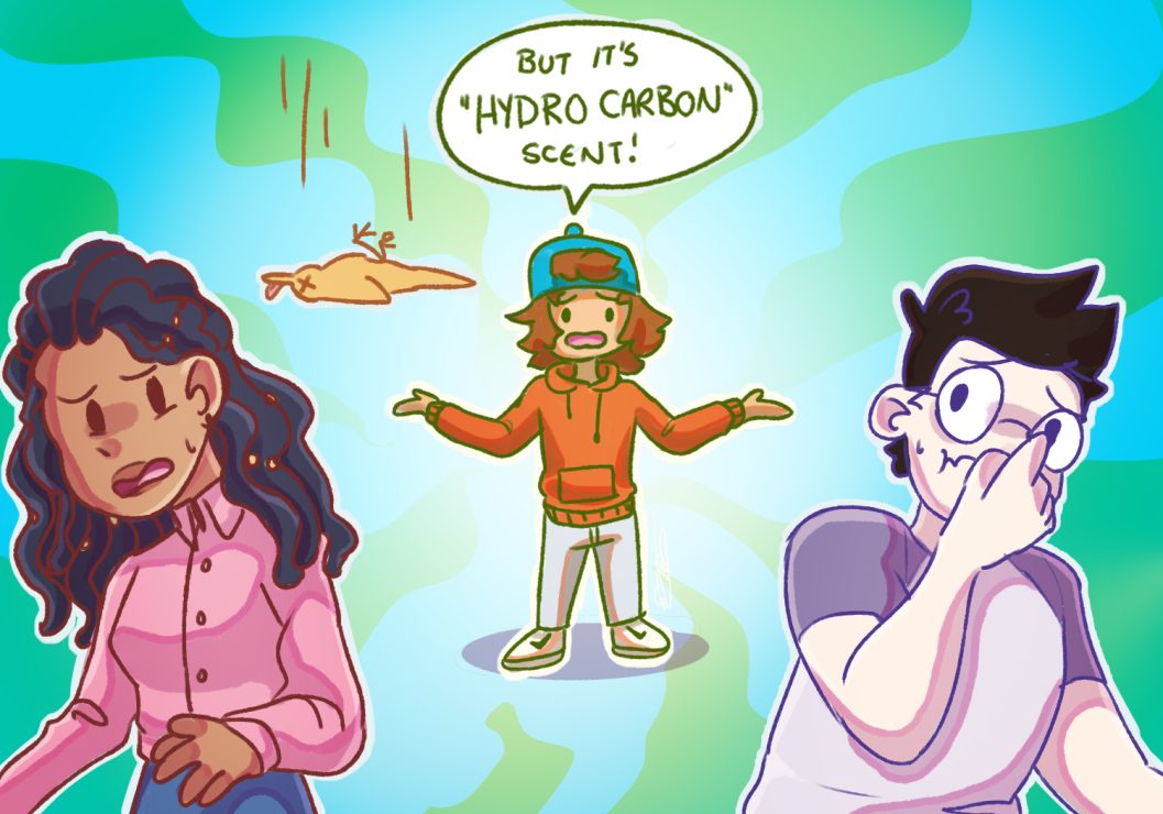 Two people grimacing at someone's smell, illustration by Sie Douglas-Fish.